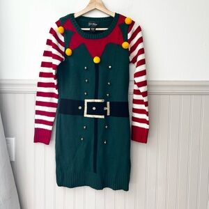 Festive Elf Sweater Dress with Striped Sleeves Love Always Small